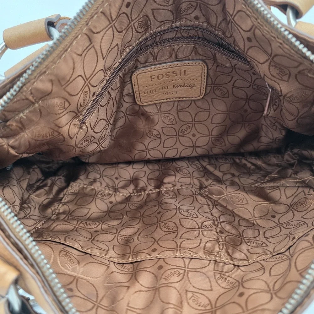Vtg Fossil Maddox Tan Beige Leather Satchel Purse Bag Top Handles Lg. Key Charm